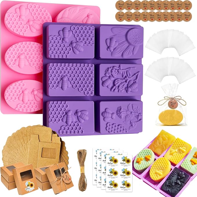 87 pcs Soap Making Kit with 2 Pack Bee Silicone Soap Molds, 20Gift Bags, 20 Tags,20 Paper Boxes, 24 pcs bee Stickers,65ft Jute Twine Craft Set for DIY Handmade Soaps Suitable for All Enthusiasts
