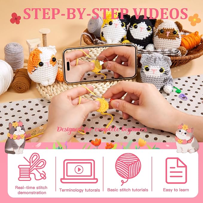 MAGIMUSE Crochet Kit for Beginners, 5 Cat Crochet Amigurumi Craft Kit