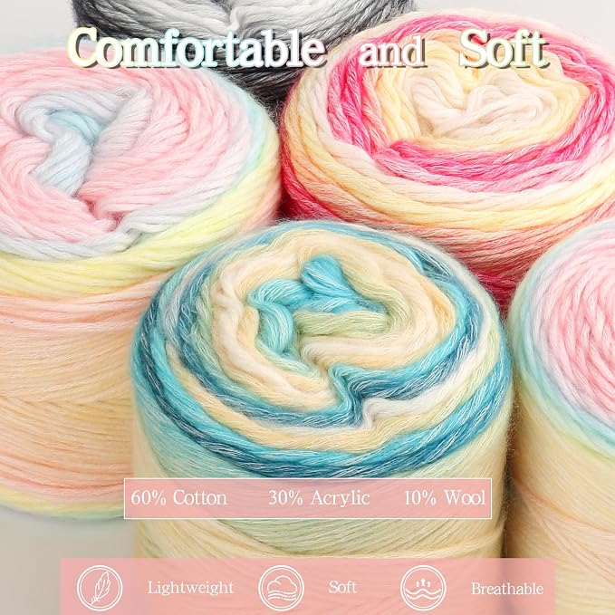 Katech Ombré Yarn for Crocheting-Gradient Cake Yarn for Knitting | 4x100g 60% Cotton 30% Acrylic 11% Wool-Multicolor Soft Cotton Crochet Yarn for Scarves, Shawls, Blankets and Garments(P)