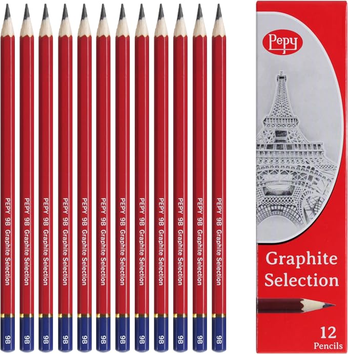 Pepy Graphite Professional Drawing Pencils - Set of 12 9B Pre-Sharpened Black Lead Pencils; Perfect for Drawing, Sketching and Shading, Graphic and Fine Art