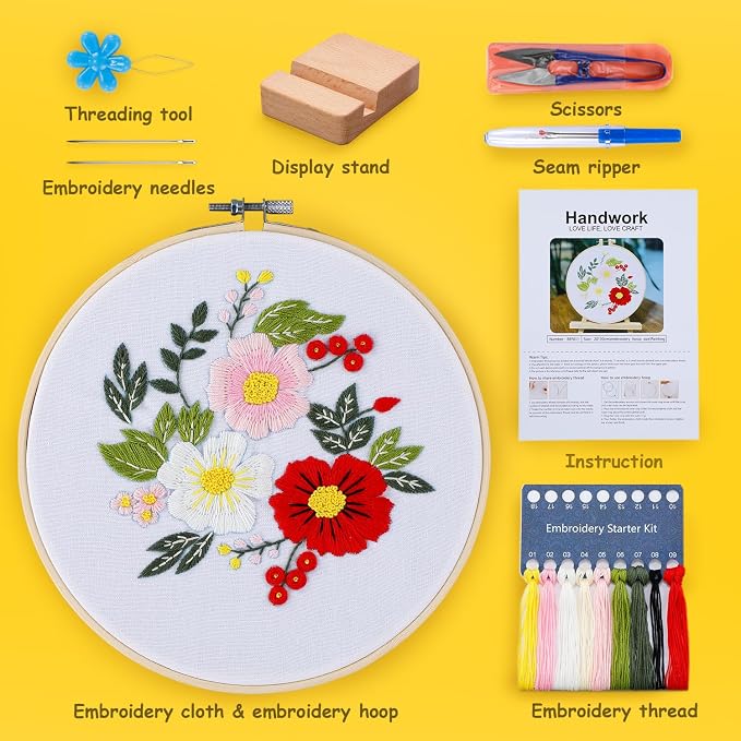 BERYA Embroidery Kit for Beginners, Flowers and Leaves Embroidery Practice Kit, Hand Floral Embroidery Starter Kit for Adults with Video Step by Step Instructions, Hoops, Threads and Needles (BEF011)
