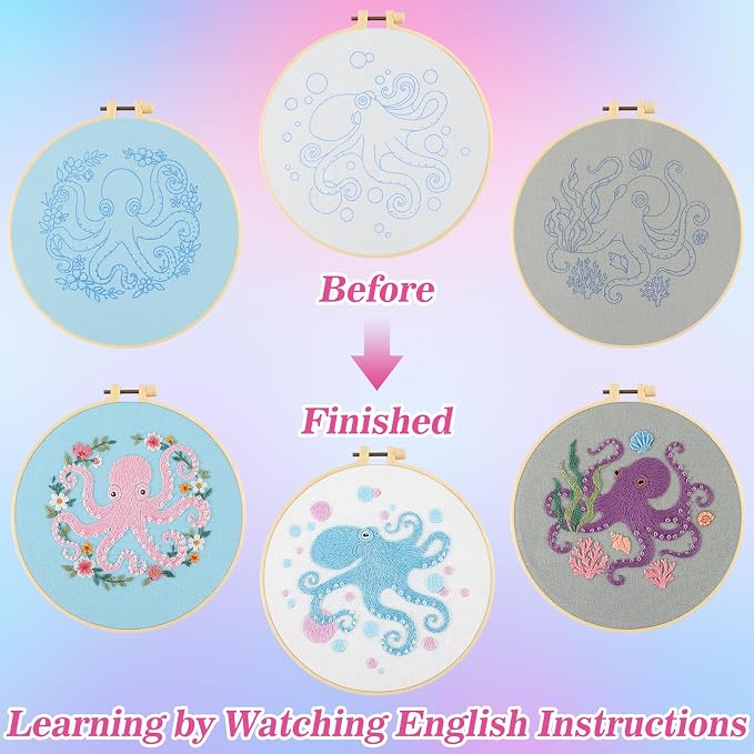 Mindsoft 3 Set Needlepoint Kit for Beginners with Hoop,Octopus | Bamboo Hoop Thread Needles Instructions, Easy Hand Embroidery for Beginners Home Crafts,Pre-stamped Funny Cute Designs