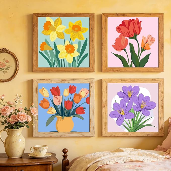 Canrichshop 4-Pack Framed Flowers Paint by Numbers Kit for Adults Beginner & All Ages 8-12 and More,Oil Painting by Numbers for Kids, DIY Number Paint Decor Present 8X 8 inch