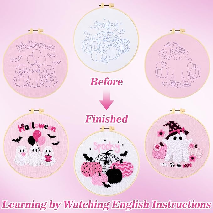 Mindsoft 3 Set Needlepoint Kit for Beginners with Hoop,Pink Halloween | Bamboo Hoop Thread Needles Instructions, Easy Hand Embroidery for Beginners Home Crafts,Pre-stamped Funny Cute Designs