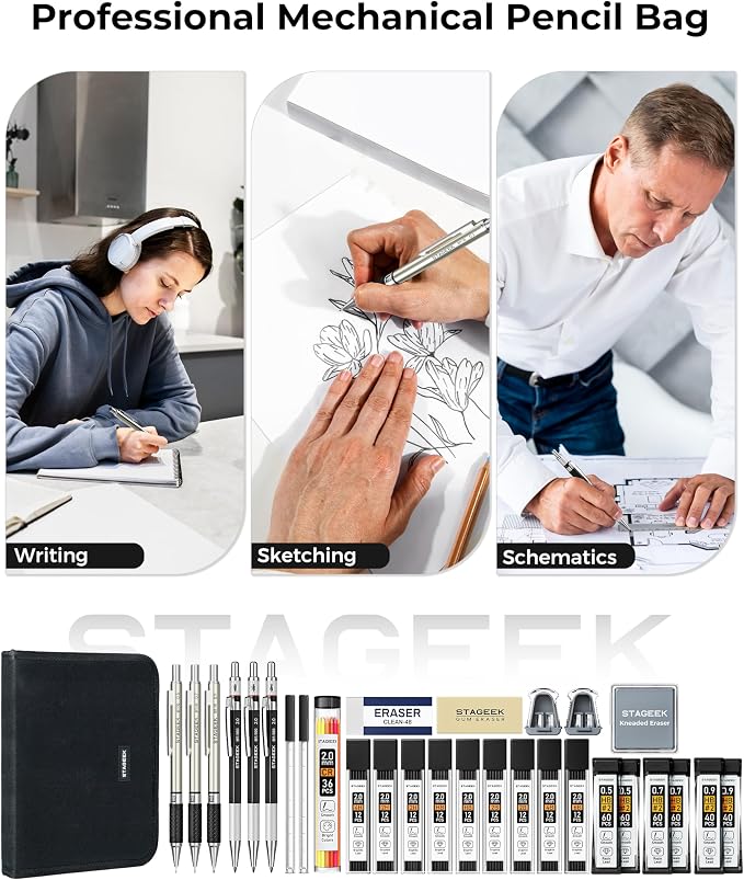 STAGEEK 30PCS Mechanical Pencil Set with Canvas Bag, 0.5, 0.7, 0.9 ＆ 2mm | Drawing Pencils with 464PCS Lead Refills (6B 4B 2B HB 2H 4H Color), Erasers, Sharpeners, Artist Pencil for Sketching Drafting