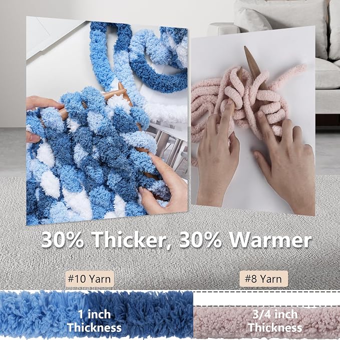 Cozyful Chunky Yarn for Hand Knitting - #10 Chunky Chenille Blanket Yarn, Jumbo Big Thick Chunky Yarns for Crocheting, Tie Dye Bulky Knit Yarns, 8 Skein (20 yds 8 oz Each Skein), Sky&Navy&Royal&White