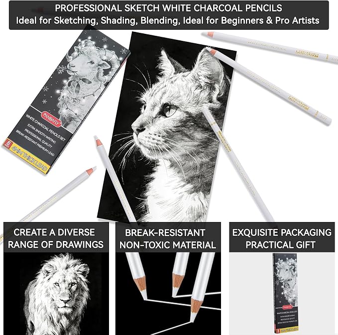 PANDAFLY White Charcoal Pencils Set, 8 Pack, Sketch Highlight Pencils | Professional White Chalk Pencils for Black Paper Drawing, Sketching, Shading, Blending, Ideal for Beginners & Pro Artists