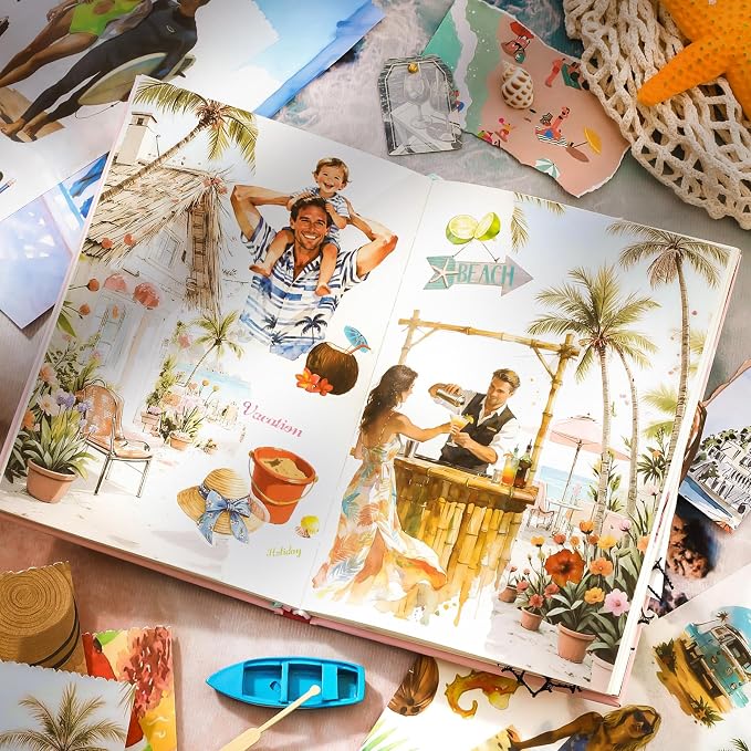 PRSTINCOL Summer Beach Stickers Book,50 Sheets Vintage Ocean Sticker Book for Journaling Scrapbooking,8.3x5.5 Inch Aesthetic Surf Stickers for Adults Crafts