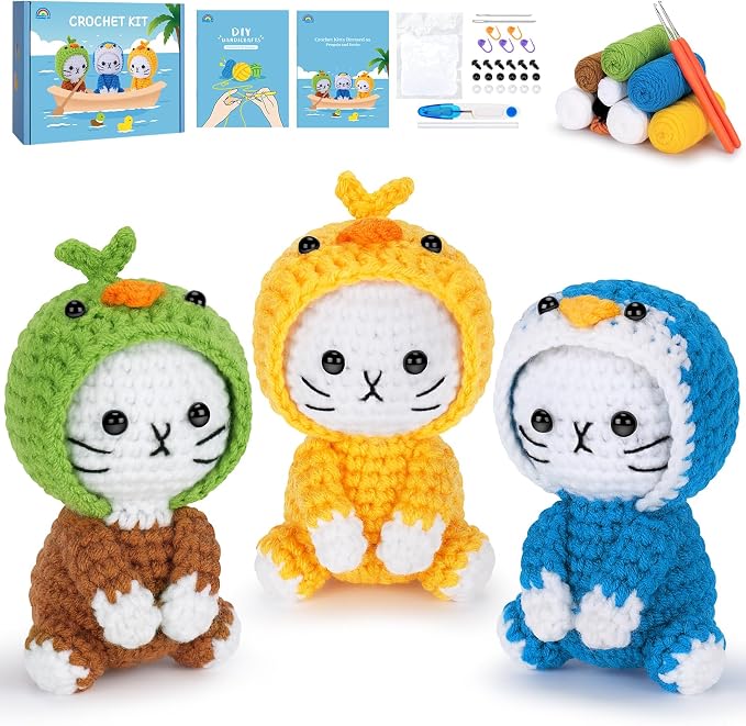Crochet Kit for Beginners, 3 Pack Duck Cat Crochet Kits with Step-by-Step Video Tutorials, Beginner Crochet Kit for Adults, Crochet Animal Kit for Starters, DIY Craft Gift for Cat Lover