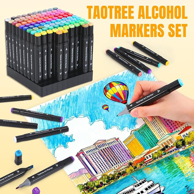 Taotree Alcohol Markers 100 Colors Case & Holders, Art Markers Dual Tips | Chisel & Fine Coloring Pens, Sketch Pens, Art Supplies for Adult Coloring Books Artist Coloring Painting, Drawing, Sketching