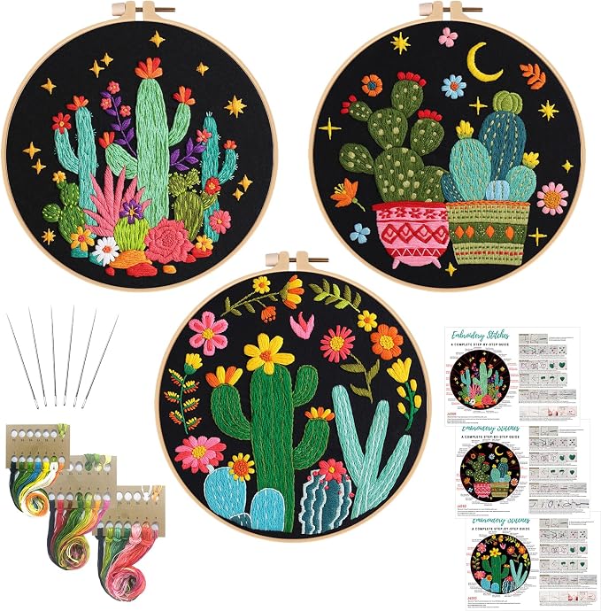 Nuberlic 3 Pack Embroidery Kit for Beginners with Cactus Pattern