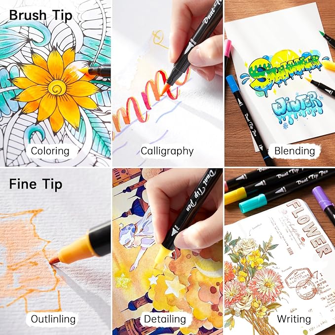 Shuttle Art Dual Tip Brush Marker Pens 30 Colors Water-based Ink | Double-ended with Fine Tip & Brush Tip, Great for Hand Lettering, Drawing, Bullet Journal and DIY Crafts for All Skill Levels