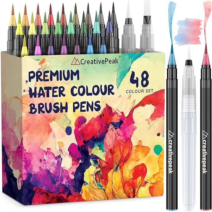 Creativepeak Watercolor Brush Pens - 48 Vibrant Soft Tip Coloring Markers with 2 Blending Brushes - Premium Art Supplies for Calligraphy, Lettering, Coloring & Journaling