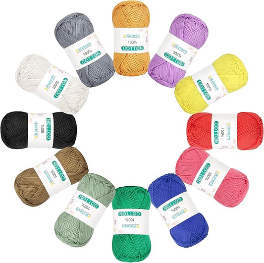 Katech 1OO% Cotton Yarn for Crocheting & Knitting–Baby Cotton Yarn (C) | 12-Color of 137 Yards/1.76 oz Sport Weight CYC #2-Soft & Breathable-Ideal for Dishcloths, Baby Clothes, Potholders & Crafts
