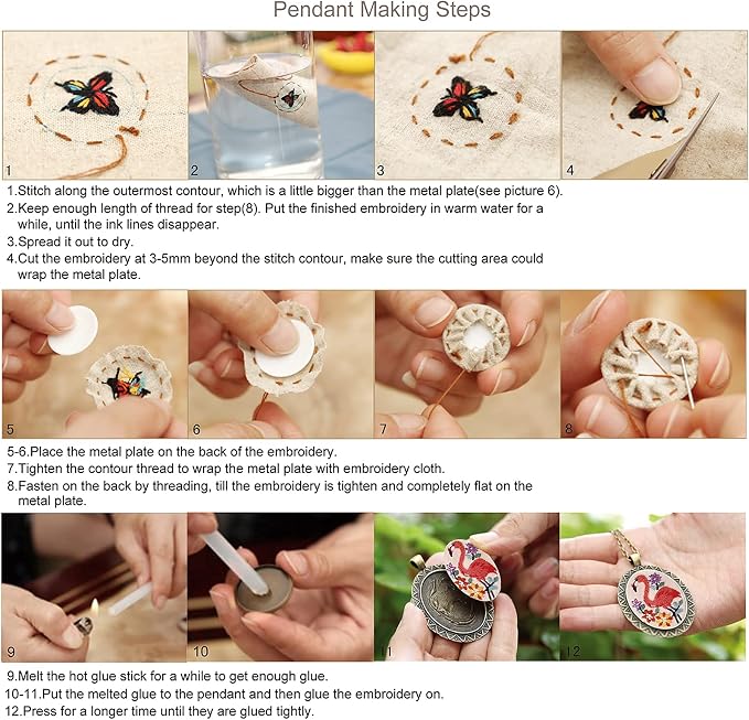 ZOCONE 6 Packs Embroidery Necklace Kit, Embroidery Pendant Kit Mini Cross Stitch Kit with 4 Hoops, Necklace, Pendant, Stamped Pattern Cloth, Instructions, etc., Embroidery Kit for Adults