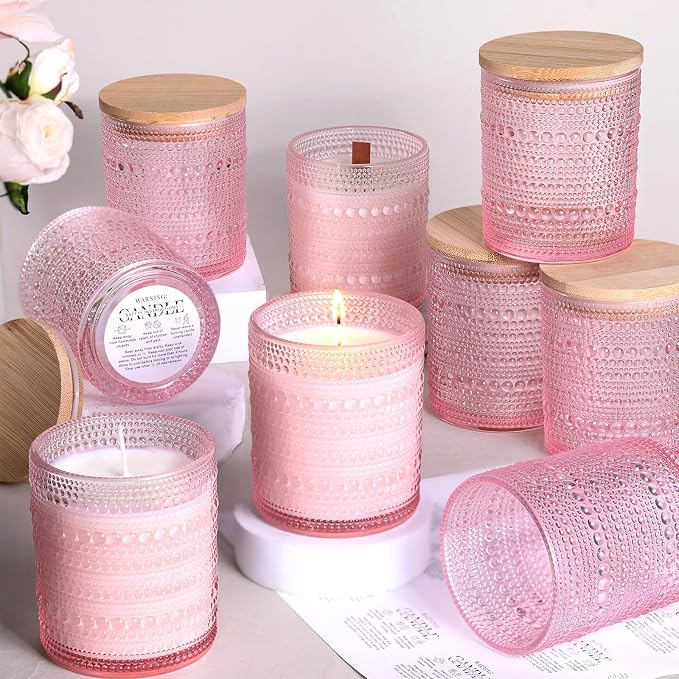 DARJEN 12 Pcs 10 oz Glass Candle Jars with Lids, Candle Container Tins-Pink | Thick Wall Ribbed Glass, Airtight Wood Lids- The go to candle jar for DIY, thoughtful gifters, growing candle brands