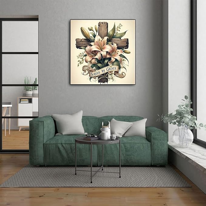 CHWGLFGG 5D Cross Diamond Art Kits for Adults Beginners 13.7X13.7Inch | DIY Full Round Drill Diamond Painting Kit Religious Cross With Lily Flowers, Paint by Diamonds Dot Gem Art, Home Wall Decor