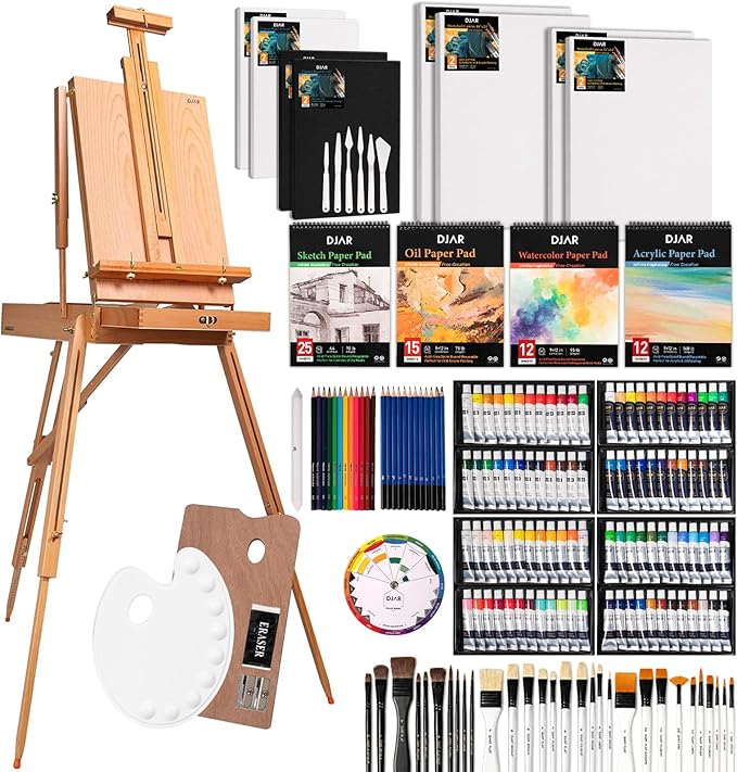 DJAR 169-Piece Wooden French Easel Art Painting Kit for Adults | Portable Plein Air Artist Supply Kit with 48 Acrylic, 24 Watercolor & 24 Oil Paints, Gift for Artists, Students & Beginners