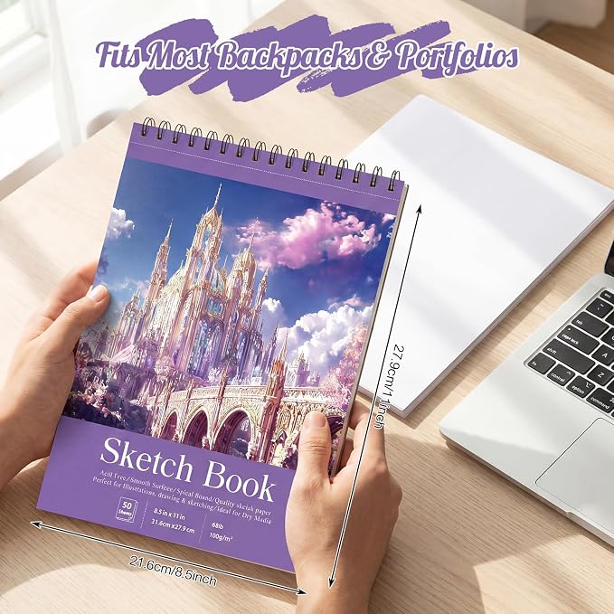 Prudiut Sketch Book 3 Pack, 8.5 × 11 in, Spiral Bound, Violet | 50 Sheets Each, 68 Lb Acid-Free Paper, Perforated Pages, Backboard Support, for Pencil, Charcoal, Pastel