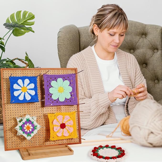 HHSarioneiro 15.6" Crochet Blocking Board with 16 Pins/Pegs, Blocking Boards for Crochet Projects, Wooden Crocheting Accessories Gifts for Crocheters
