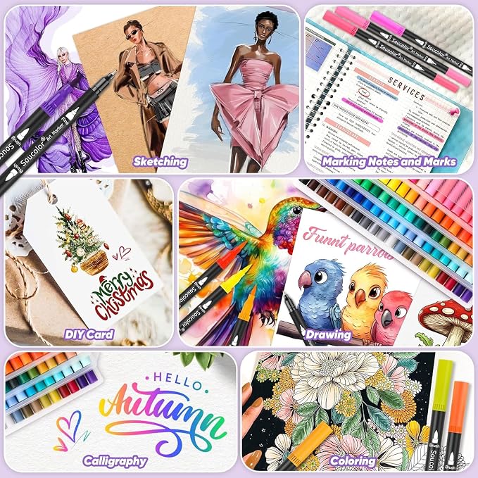 Soucolor 24 Dual Tip Brush Markers,Water-Based Art Pens,for Coloring Books | 24 Vibrant Water-Based Colors,Brush + Fine Tip,Color-Coded,Plastic Case,Lettering,Coloring Books,Kids &Adults.