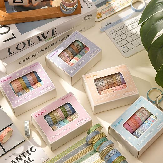 20 Rolls Basic Washi Tape Set Japanese Arts Adhesive Tapes Simple Patterns Decorative Masking Tape Sets for Craft, Kids, Scrapbook, DIY, Gift Wrapping (Style Two)