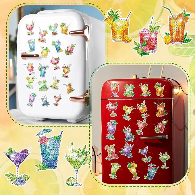 Remuuly 30 Pcs Cocktail Diamond Painting Magnets Diamond Art Kits for Adult | Tropical Drink Refrigerator Magnets, Cocktail 5D Rhinestone Fridge Magnetic Sticker, Diamond Club Gifts, Beginner DIY Crafts