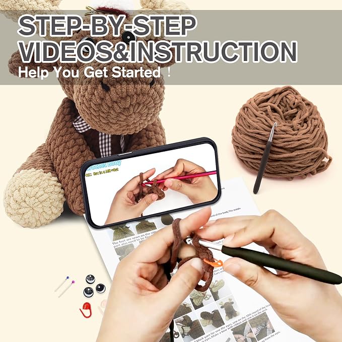 CODGP Crochet Kit for Beginners, 11.8-Inch Elk Crochet Kit for Adults | Crochet Starter Kit Gift, Animal Amigurumi Kit, Durable Chenille Yarn, Full Supplies, Step-by-Step Videos, for Crochet Lovers