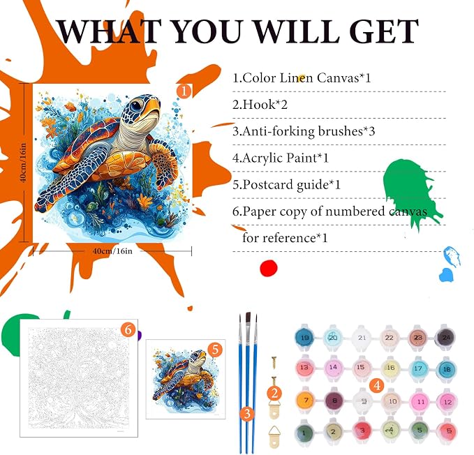 Fountor Sea Turtle Paint by Numbers Kit for Adults Beginner, Sea Turtle Adult Paint by Number Kits on Canvas Without Frame, Oil Painting by Numbers for Home Decor Gift 16” W x 16”L