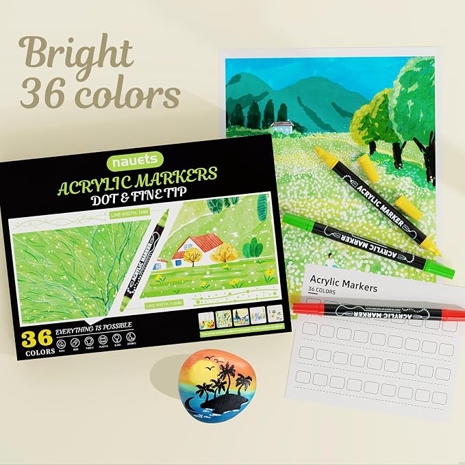 nauets 36 Colors Precision Dual Tip Acrylic Paint Markers Pens - Dot & Fine | Works on Rock, Wood, Fabric, Canvas, Glass, Scrapbook, Paper, Ceramic, Egg, DIY Craft Art Gift - Classroom & School Supplies