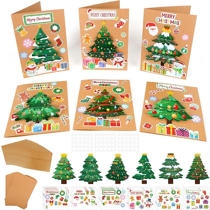 COCHIE 24 Sets Christmas Card Making Kits 3D Christmas Tree Card Making Craft Kits for Kids Holiday Greeting Cards Bulk for Home Classroom Activities