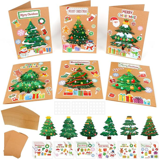 COCHIE 24 Sets Christmas Card Making Kits 3D Christmas Tree Card Making Craft Kits for Kids Holiday Greeting Cards Bulk for Home Classroom Activities