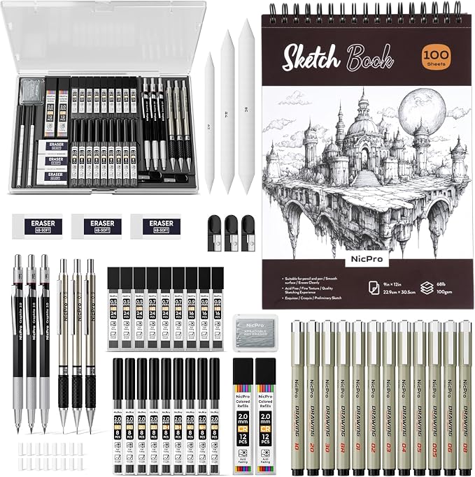 Nicpro 52PCS Art Drawing Supplies Kit for Artist Adults Sketching | Metal Mechanical Pencil Set 0.5, 0.7, 0.9 & 2mm, 9x12 Sketch Book, 12 Fineliner Pens, 288 Leads, School Supplies Drawing Kit
