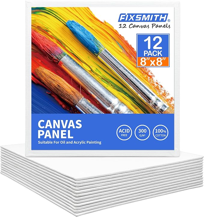 FIXSMITH Canvas Boards for Painting 8x8 Inch, Super Value 12 Pack White Blank Canvas Panels, 100% Cotton Primed, Painting Art Supplies for Professionals, Hobby Painters, Students & Kids