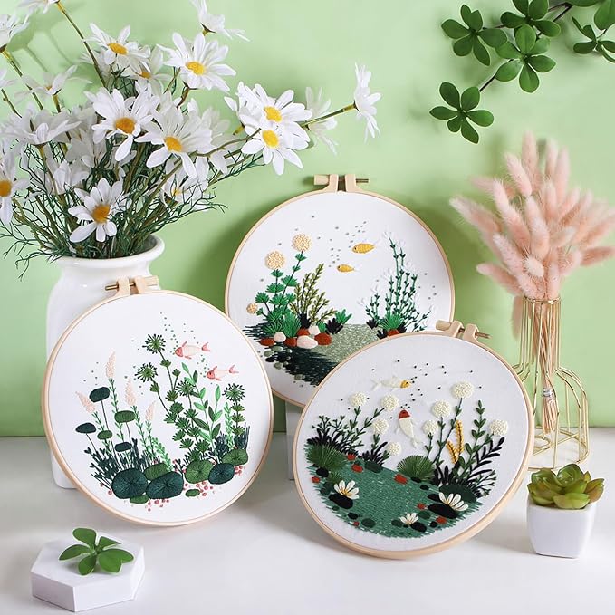 GLTAYLMY Fish Embroidery Kit for Beginners Adults,3 Set Cross Stitch Kits with 1 Plastic Embroidery Hoops,Needles and Color Threads,Needlepoint Kit for Hand Embroidery Starter