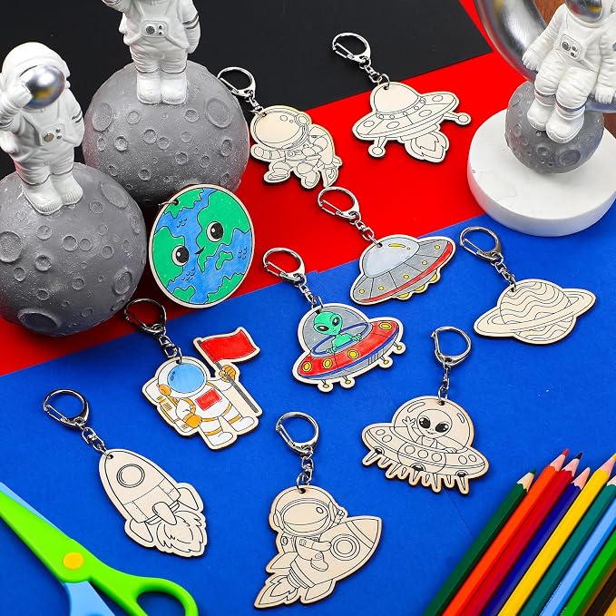 Trnayi 36 Pcs Outer Space Wood Keychain Color Your Own DIY Craft | Outer Space Wooden Keychain, Color Your Own Unfinished Craft, Star Planet Wood Painting DIY Craft, for Party Art Project