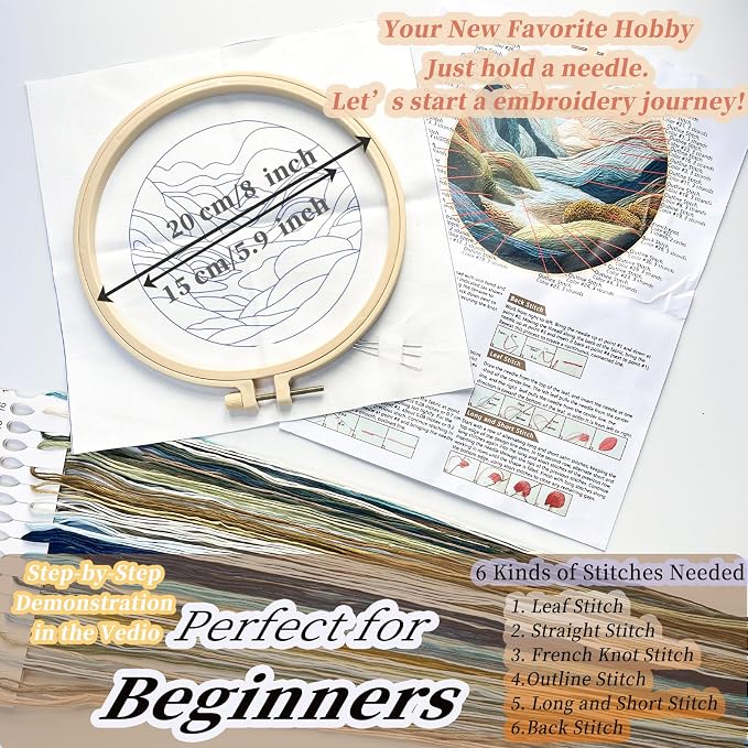 FONNUY Embroidery Kit for Beginners, Nature Hills Landscape Pre-Stamped Pattern Kits for Adults with Hoop, Easy to Follow Color Thread Needlework, 8'' Hoop (Green Hills)