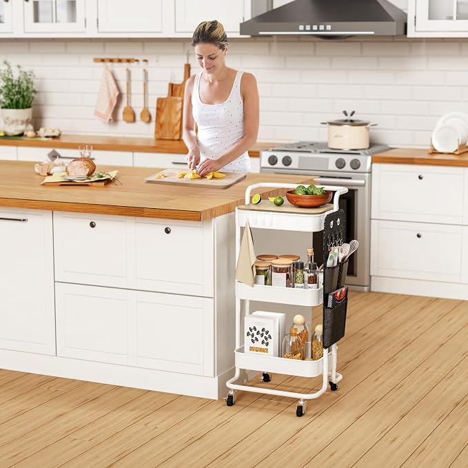 DTK 3-Tier Rolling Cart with Table Top, Metal Utility Cart with Side Bags