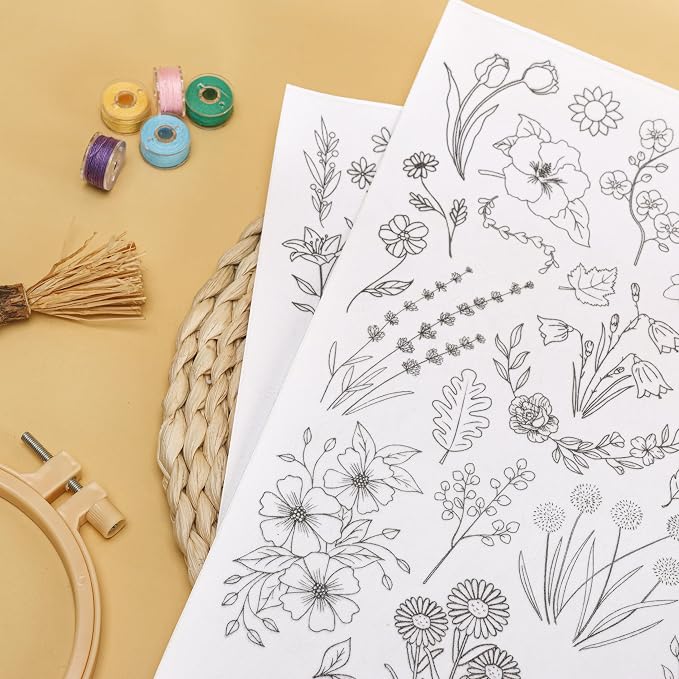 Patemby Embroidery Pattern Water Soluble Embroidery Stabilizers, Stick and Stitch Embroidery Paper Wash Away with Pre-Printed Pattern Designs Stencils Transfers for Hand Sewing Lover Beginner