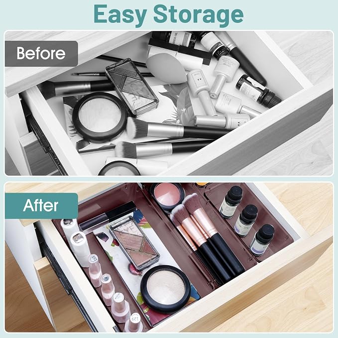 25 PCS Plastic Drawer Organizer Set, Makeup Organizers and Storage Bins | 4 Sizes Desk Drawer Divider Organizers and Storage Bins for Jewelry, Gadgets for Kitchen, Bedroom, Bathroom, Brown