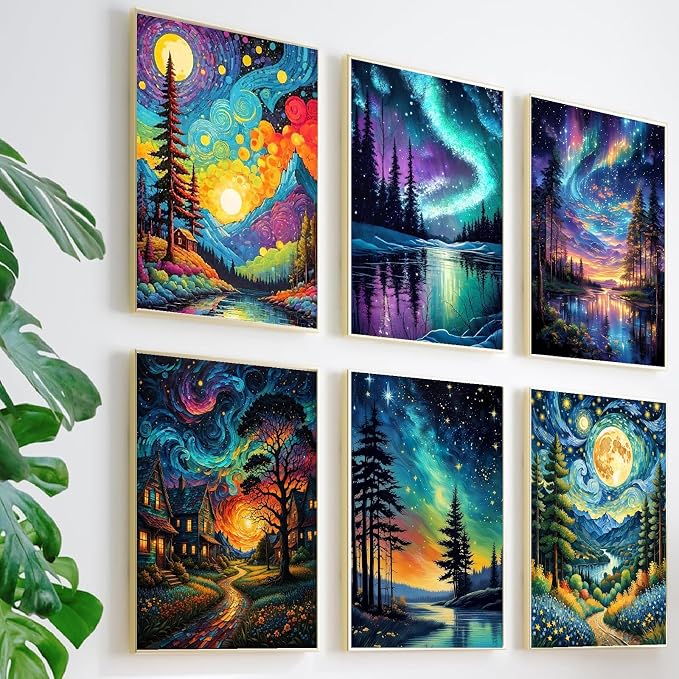 NEGEKFKX 6 Pack Paint by Numbers Kit for Adults Beginner,Starry Night Easy Adult Paint by Number Kits on Canvas DIY Painting for Beginners Art by Numbers for Home Wall Decor 10x12 Inch