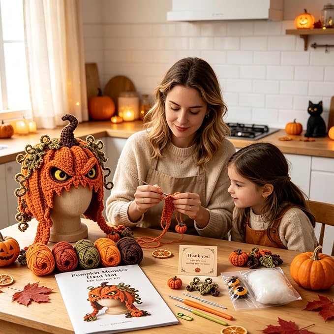 Halloween Hat DIY Crochet Kit, Fantasy Hood Hat DIY Crochet Kit, Pumpkin