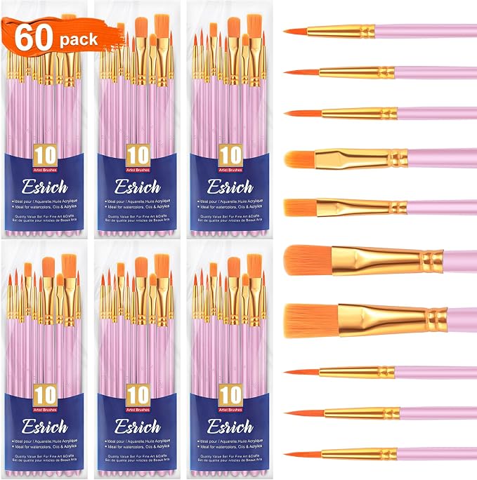 ESRICH 60PCS Pink Paint Brushes, Paint Brush for Acrylic Painting | Artist Paintbrushes for Oil Watercolor, Body Face Rock Canvas, Small Paint Brushes for Kids