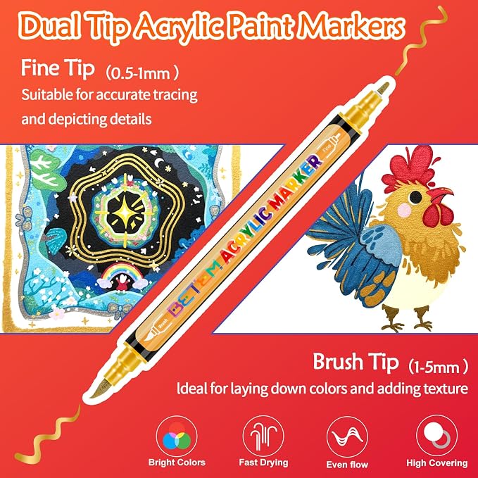 Betem 24 Metallic Paint Markers for Glass, Dual Tip Acrylic Paint Pens | Window, Fabric, Wood, Rock, Canvas, Acrylic Markers with Fine & Brush Tip, Art & Craft Supplies, Wine Glass Markers