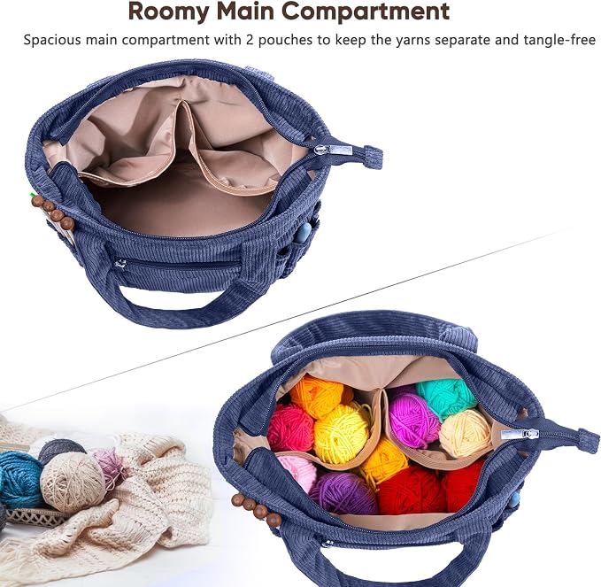 MYBAGZING Crochet Bag and Tote - Corduroy Yarn Bag - Yarn Holder for Crocheting - Crochet Storage Bag for Crochet Hooks, Crochet Accessories, Knitting Bag for Crochet Lovers, Mother's Day Gift