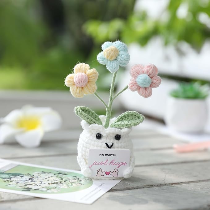 Crochet Sympathy Gifts for Loss of Loved One – No Words, Just Hugs Crochet Puff Flower Plant– Bereavement, Memorial, Get Well Soon, Grief Gift Idea for Loss of Grandpa Grandma Mom Dad