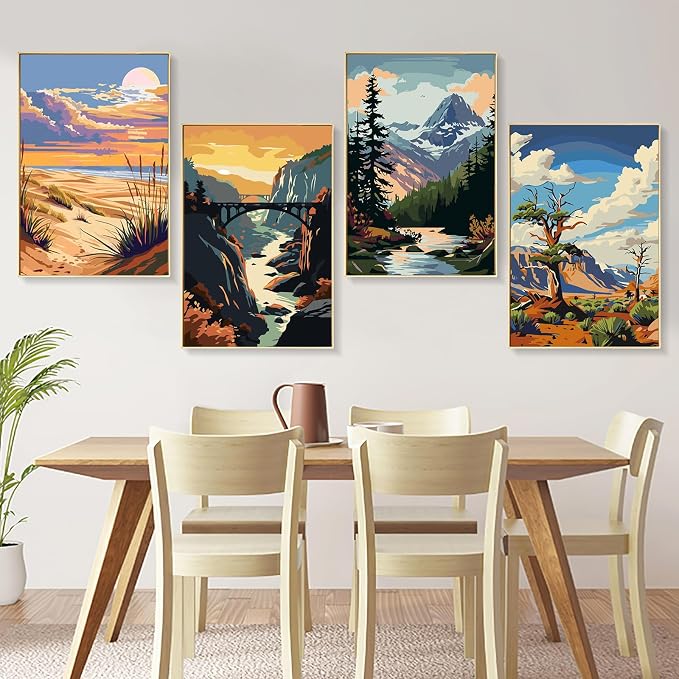 4 Pack National Park Paint by Numbers Kit for Adults Framed, Landscape Paint by Number Kits with Frame, DIY Acrylic Watercolor Adult Paint by Number Kits on Canvas for Home Decor Gift 8x12 Inch