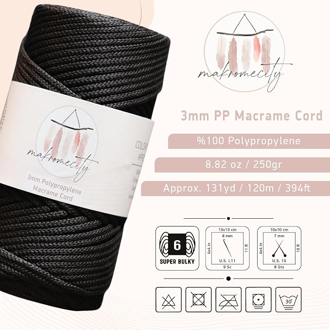 Makromecity, Premium Polyester Macrame Cord 3mm x 131 Yards (394 feet) 3mm Polypropylene Black Macrame Cord Crochet Macrame Bag Cord Crafts for Wall Hangings, Bags, Underplate, Rug
