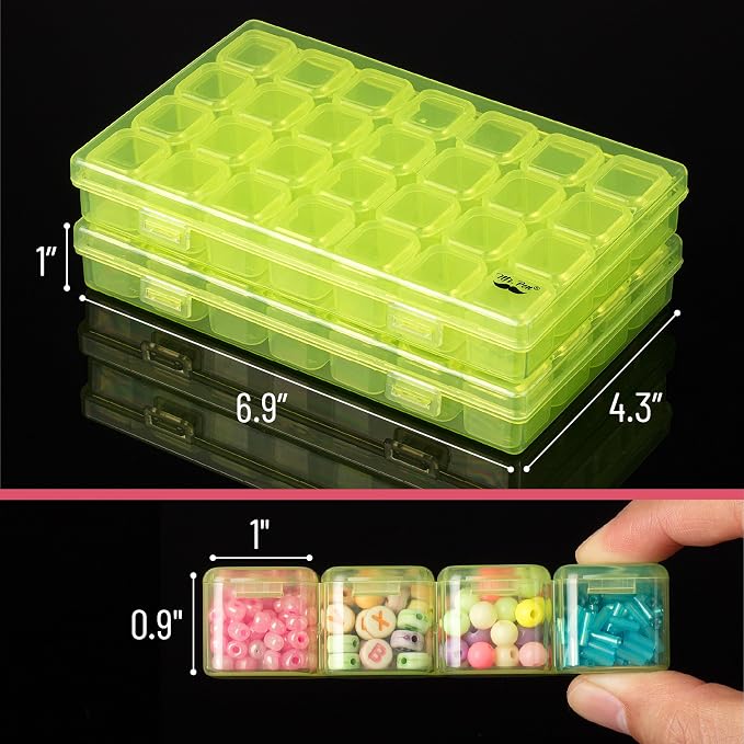 Mr. Pen- Bead Storage Containers, 28 Grids, 2 Pack, Transparent Green | 160 pcs Label Stickers, Transparent, Small Bead Organizer Box, Diamond Art, Diamond Painting Organizer