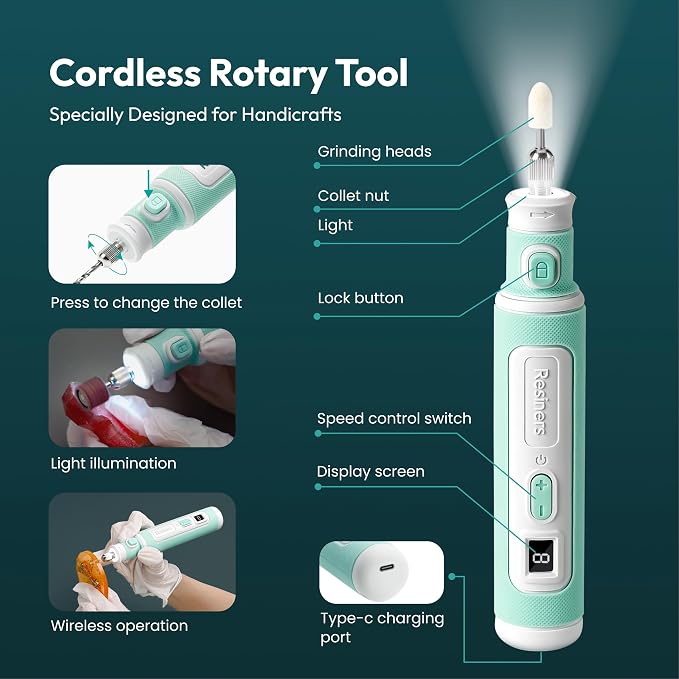 Resiners 52pcs Cordless Rotary Tool Kit for Resin Jewelry DIY Crafts | Resin Drill & Polishing Kit, Drilling, Polishing, Sanding, Grinding, 8-Speed Adjustable, Type-C Charging, For Jewelry Making